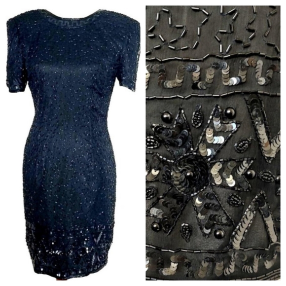 Vintage Dresses & Skirts - VTG Stenay Dress 6 Black Beaded Sequin Silk Sheath Short Sleeve Cocktail